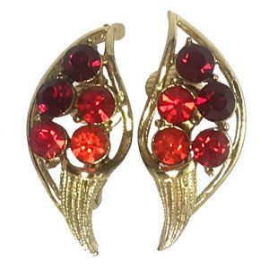 Vintage Gold Tone Calla Lily Clip On Earrings Red and Orange Rhinestones MCM